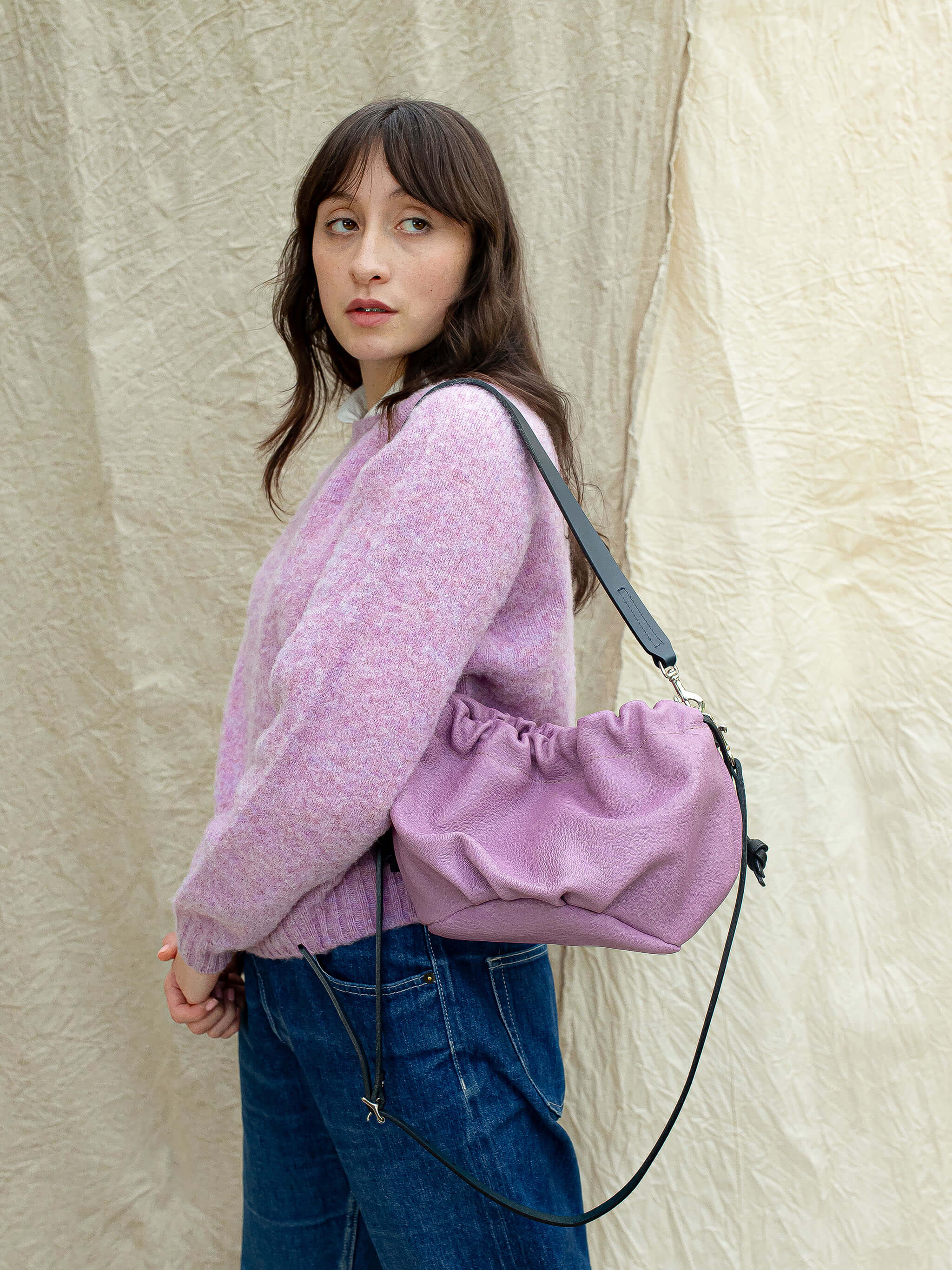 Wood Drawstring Bag - Lilac / Black / Navy