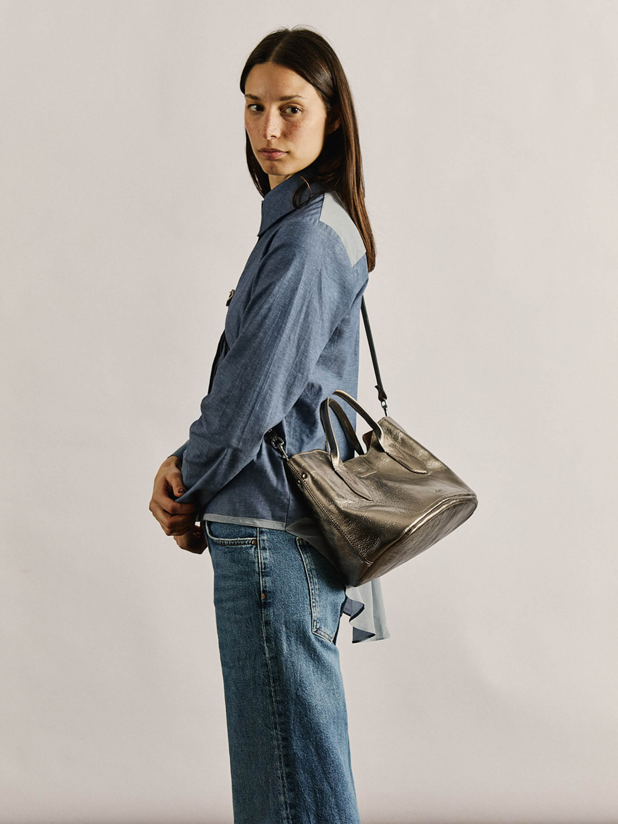 Hilda Leather Tote Bag - Golden Pewter Metallic