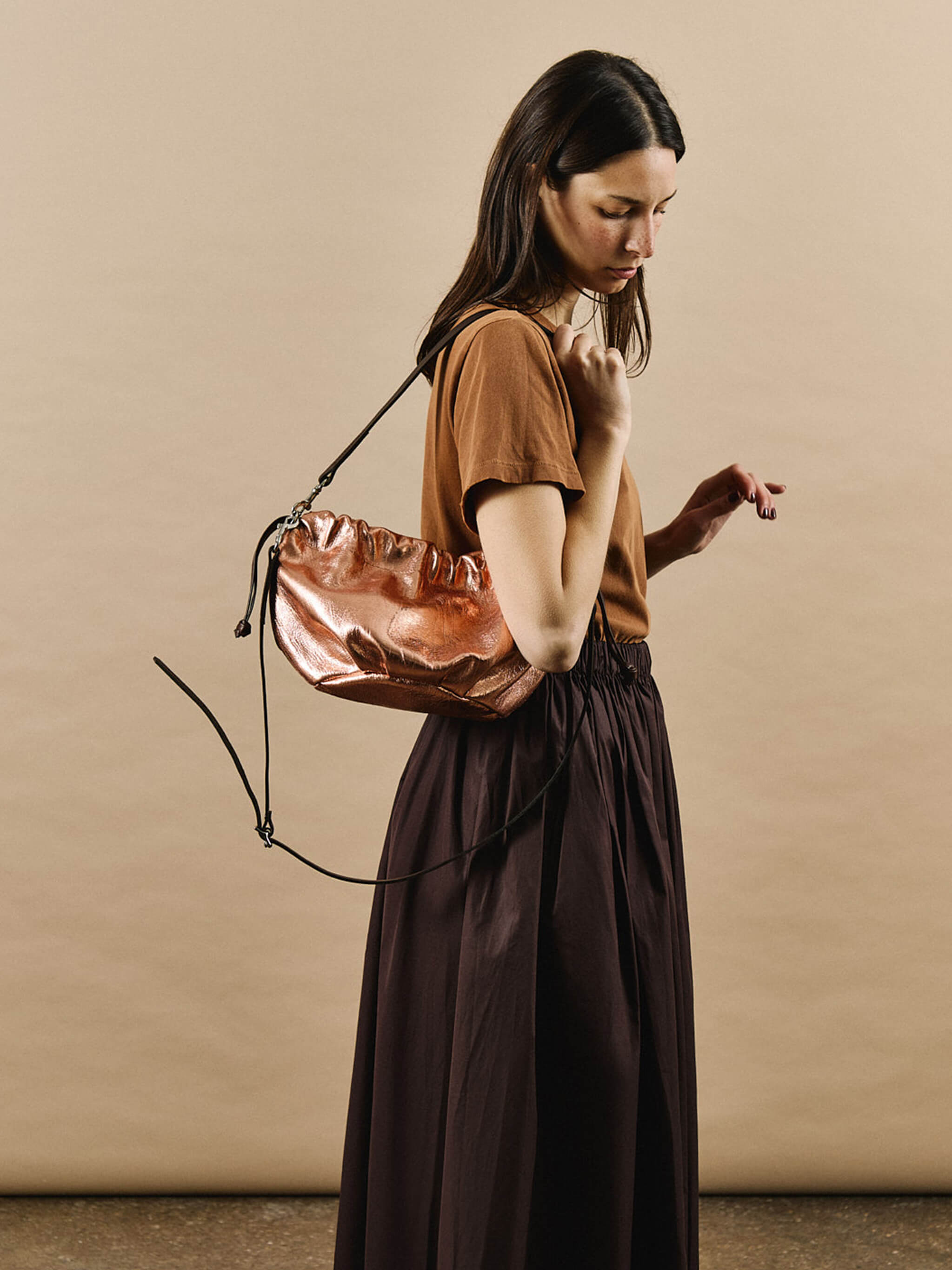 Wood Drawstring Bag - Rose Gold / Bitter Chocolate